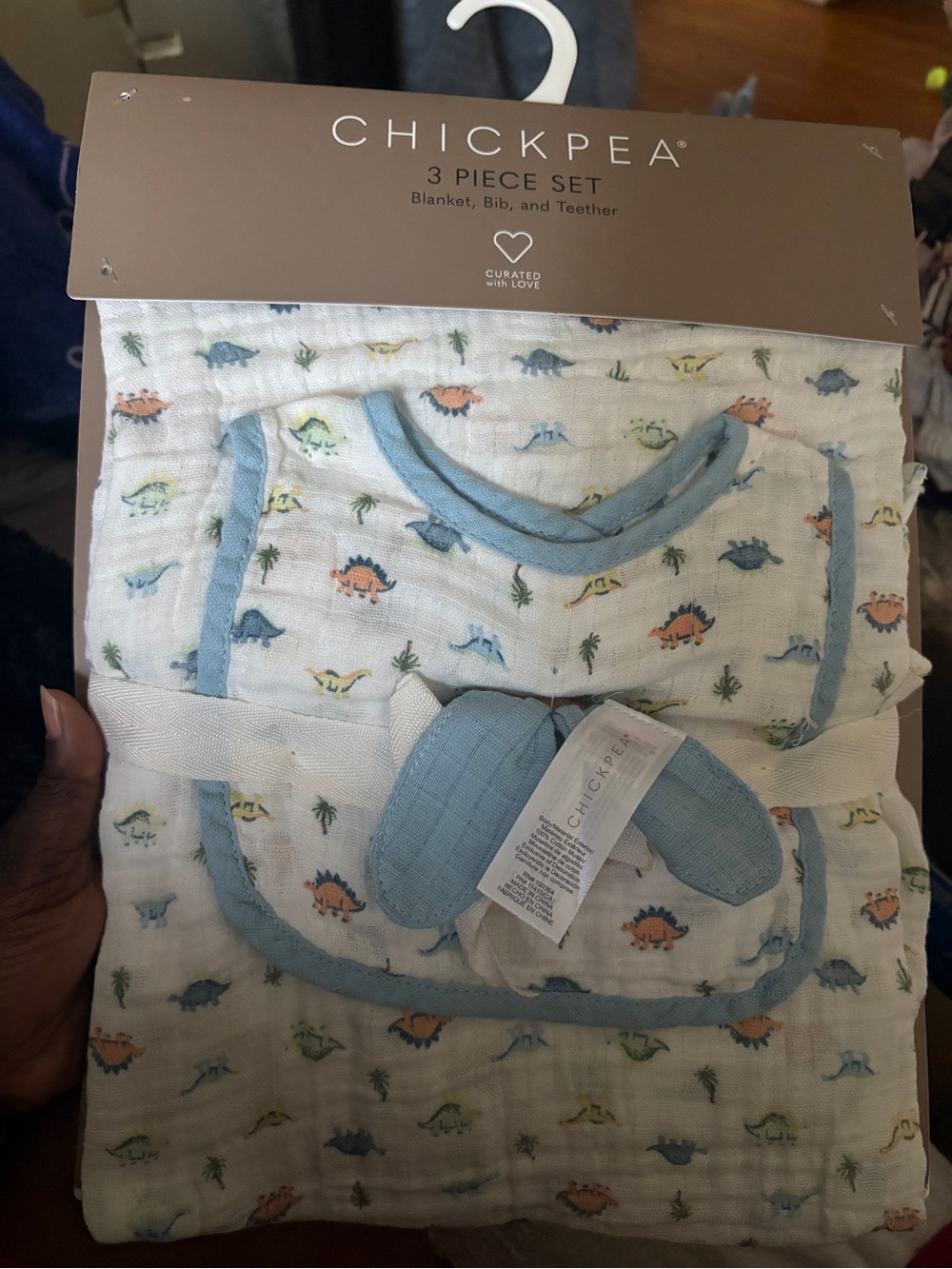 chick pea White Muslin Bib & Blanket Set with Blue Trim and Dino Print